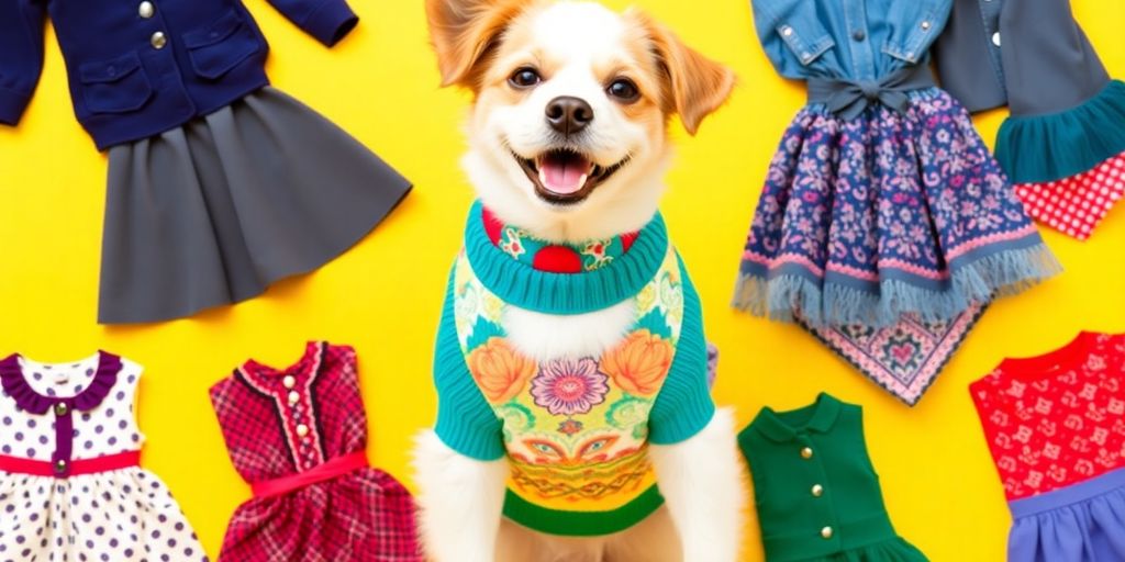 A happy dog dressed in colorful, affordable clothes.