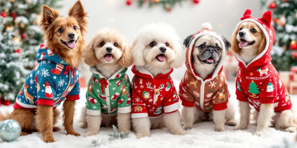 Adorable dogs in Christmas hoodies surrounded by festive decor.