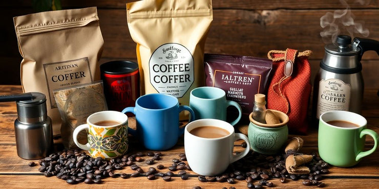 Coffee gifts including mugs, blends, and accessories on table.