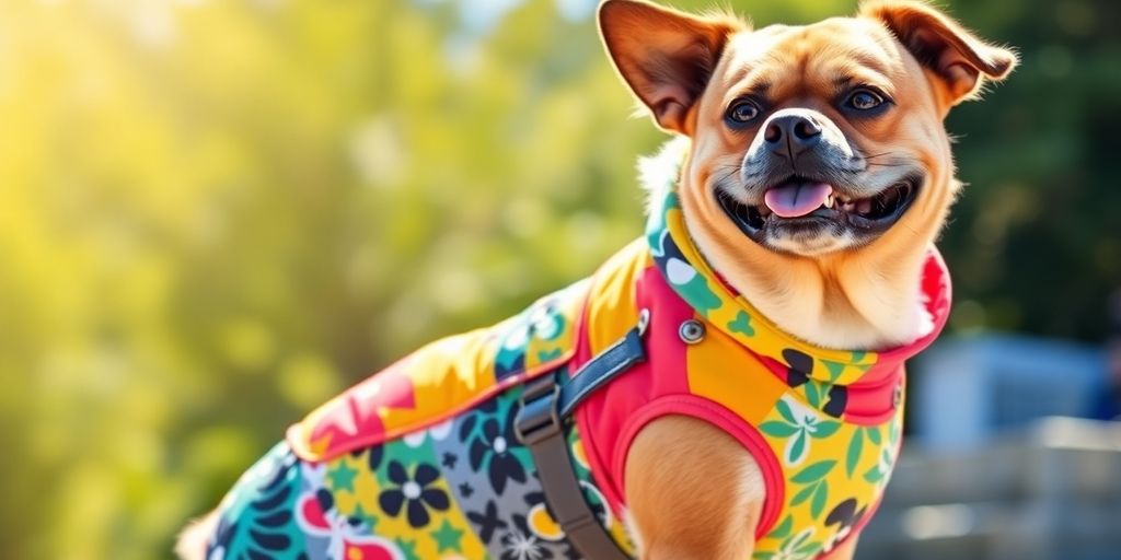 Large dog in stylish functional apparel outdoors.