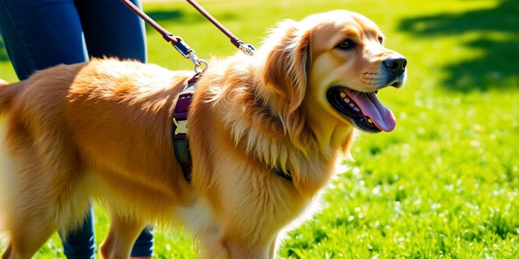 Dog walking with leash, harness, and treats.