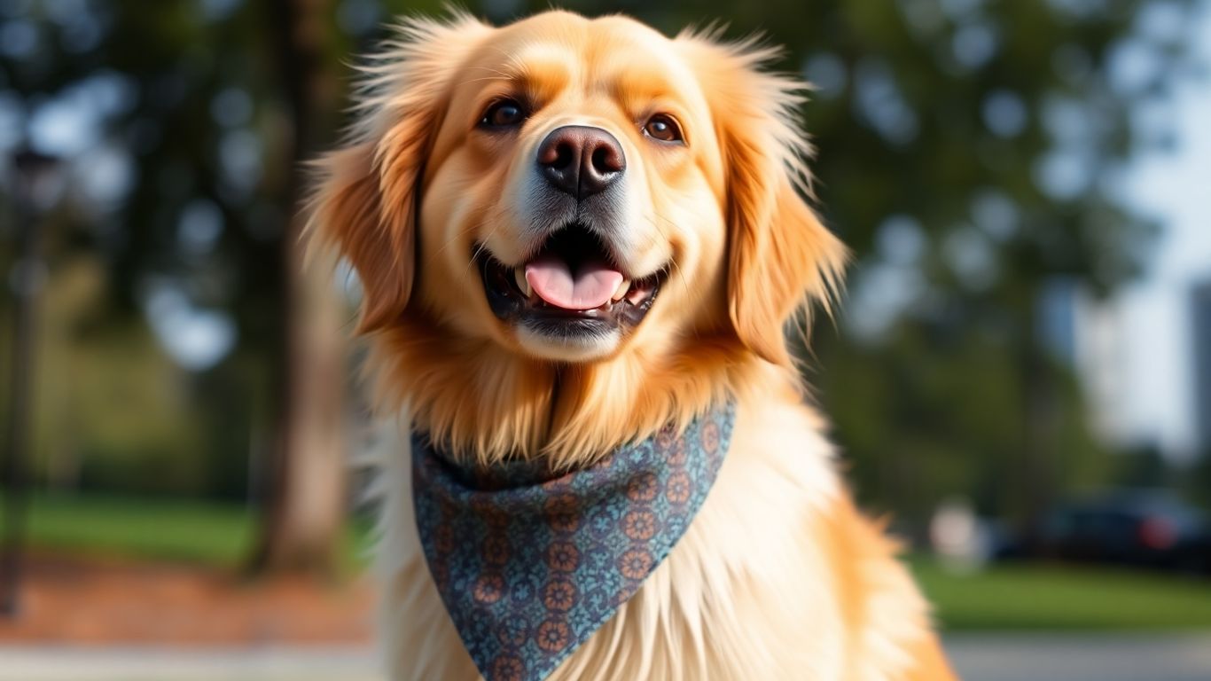 Golden retriever wearing a personalized dog bandana.