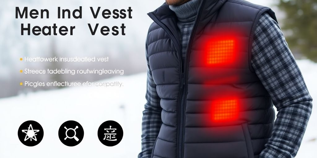 Men's heated vest in snowy winter landscape, showcasing warmth.