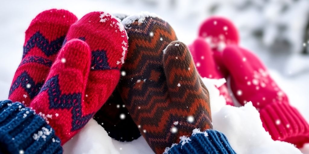 Stylish heated mittens for women against a snowy backdrop.