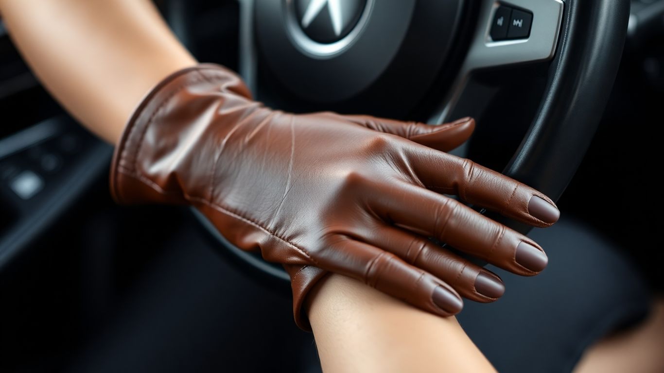 Woman wearing comfortable brown leather driving gloves.