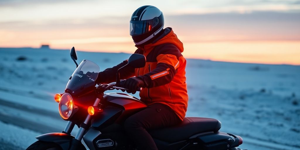 Motorcycle rider in heated clothing on a snowy road.