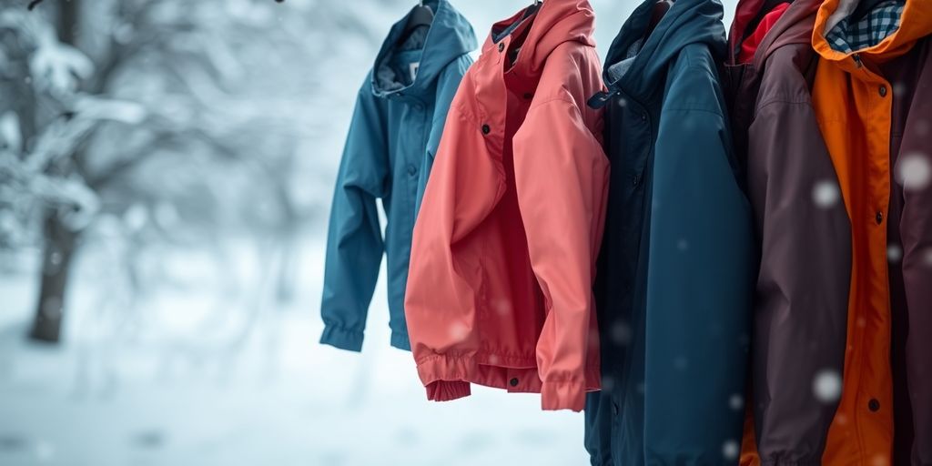 Variety of colorful cold weather rain jackets on display.