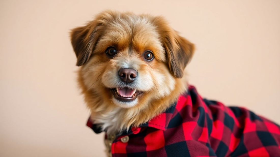 Dog wearing a plaid flannel shirt