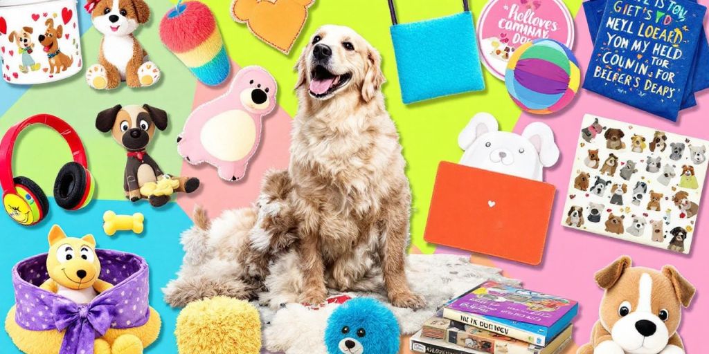 Collage of gifts for dog lovers with a happy dog.