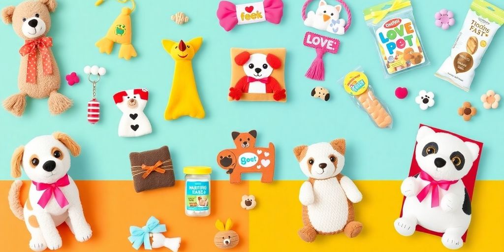 Colorful gifts for pet lovers featuring toys and accessories.