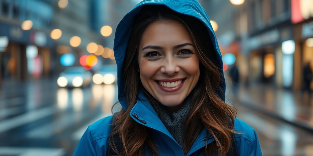 Woman wearing a stylish blue rain jacket outdoors.