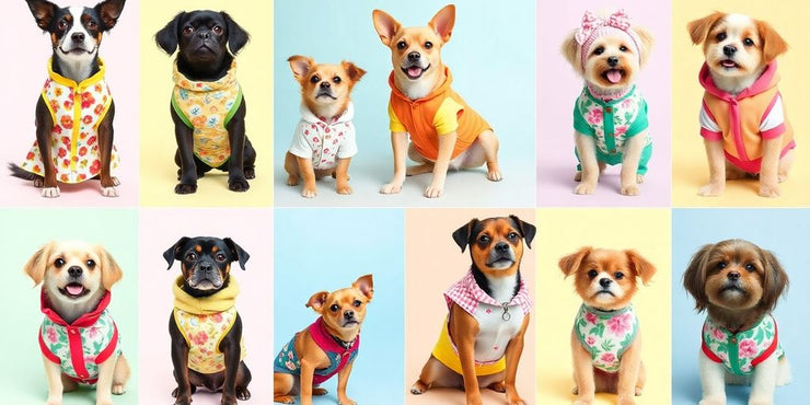 Cute dogs in stylish spring outfits with vibrant colors.