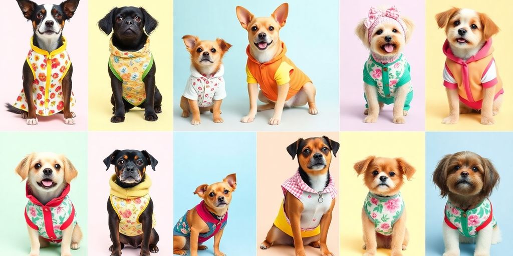 Cute dogs in stylish spring outfits with vibrant colors.