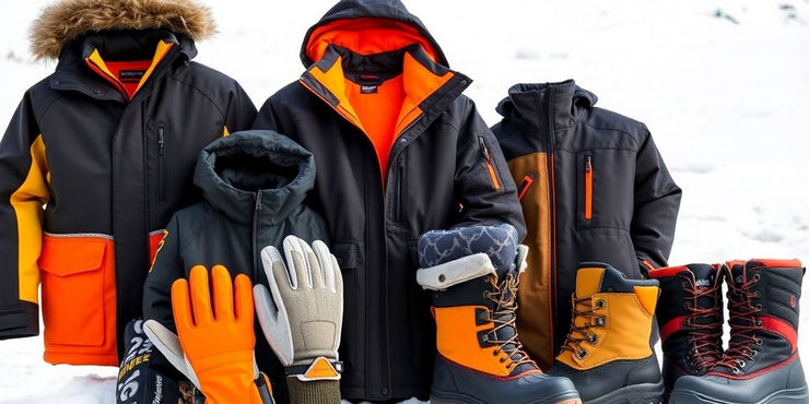 Winter work gear including jackets, gloves, and boots.