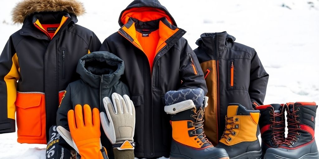 Winter work gear including jackets, gloves, and boots.