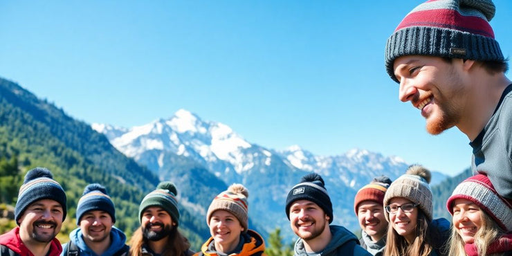Group of adventurers wearing colorful outdoor beanies in nature.