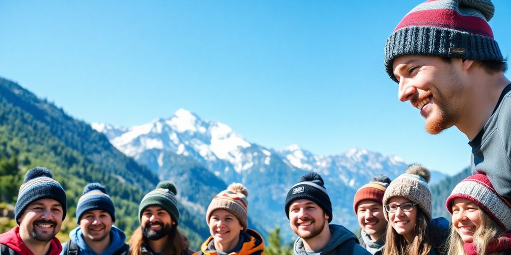 Group of adventurers wearing colorful outdoor beanies in nature.