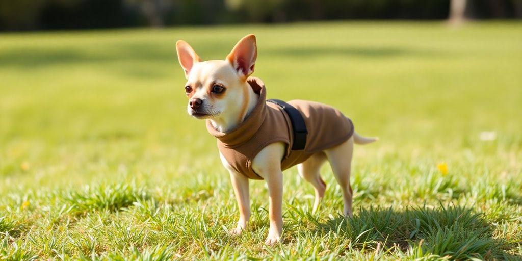 Chihuahua in stylish, practical clothing outdoors