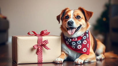 Dog with gift box and paw print ribbon.
