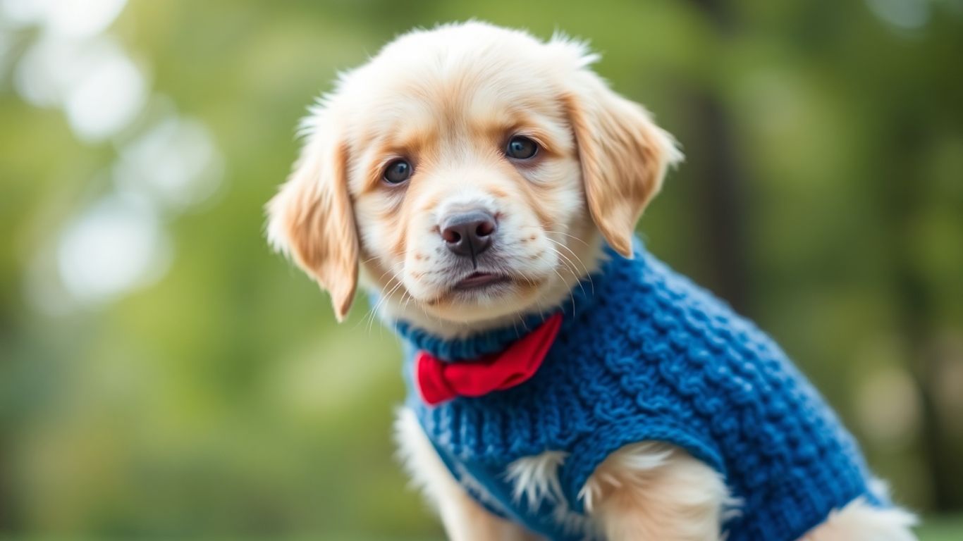 Golden retriever puppy in a blue sweater and red bandana.