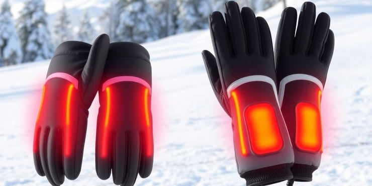 Stylish heated ski gloves for women on a snowy background.