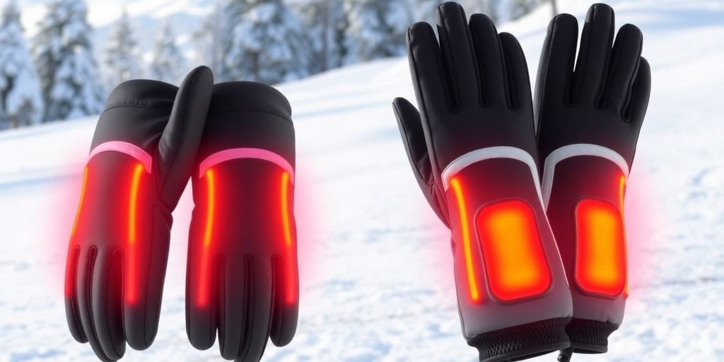 Stylish heated ski gloves for women on a snowy background.