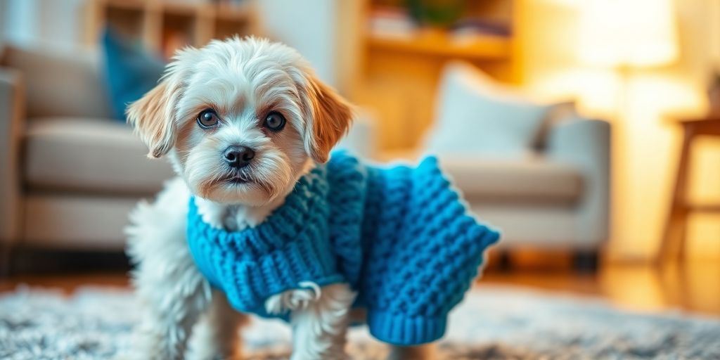 Dog wearing stylish sweater, happy expression