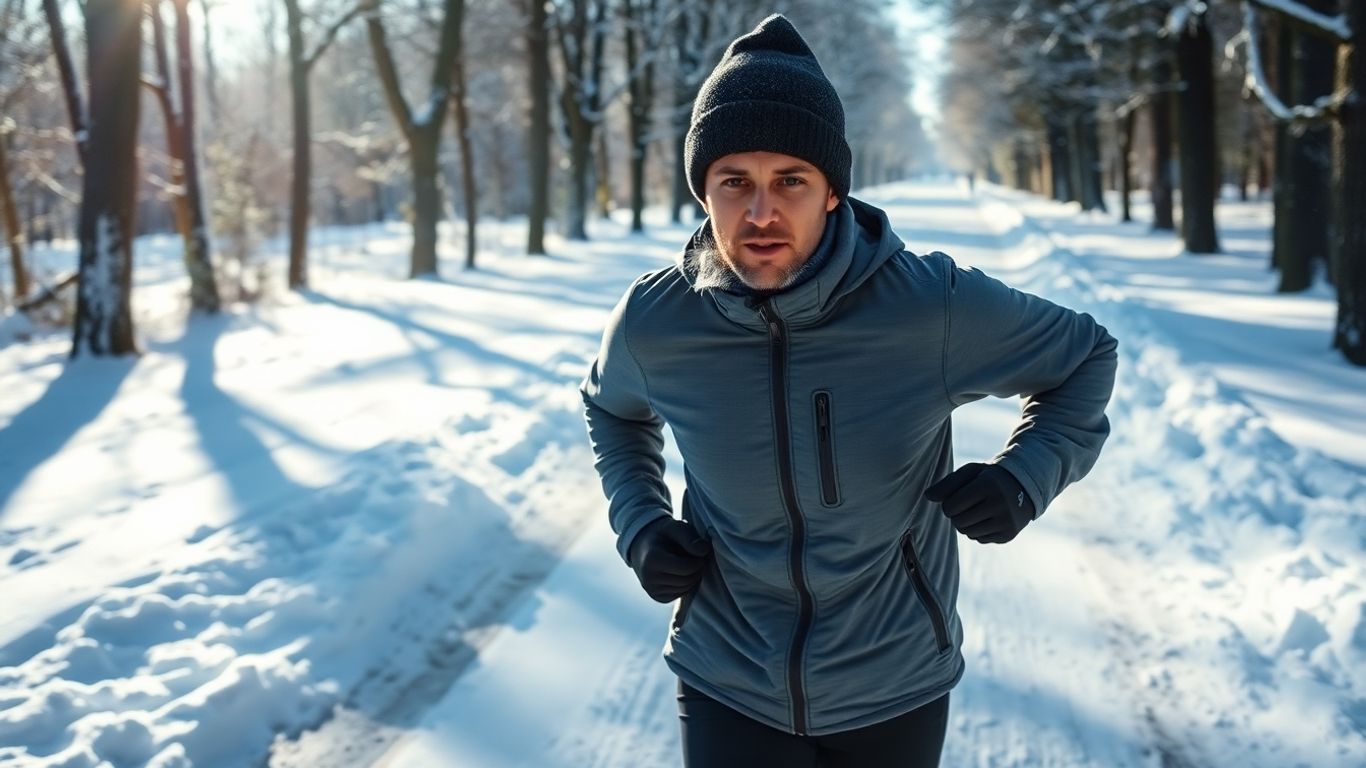 Runner in snowy landscape, breath misting.