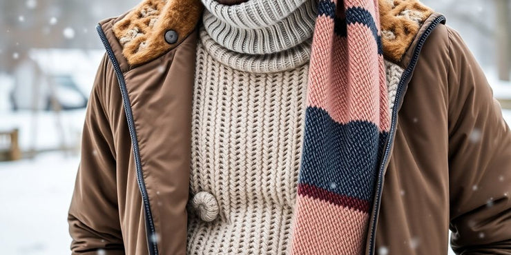 Man in warm winter clothing in snowy setting.