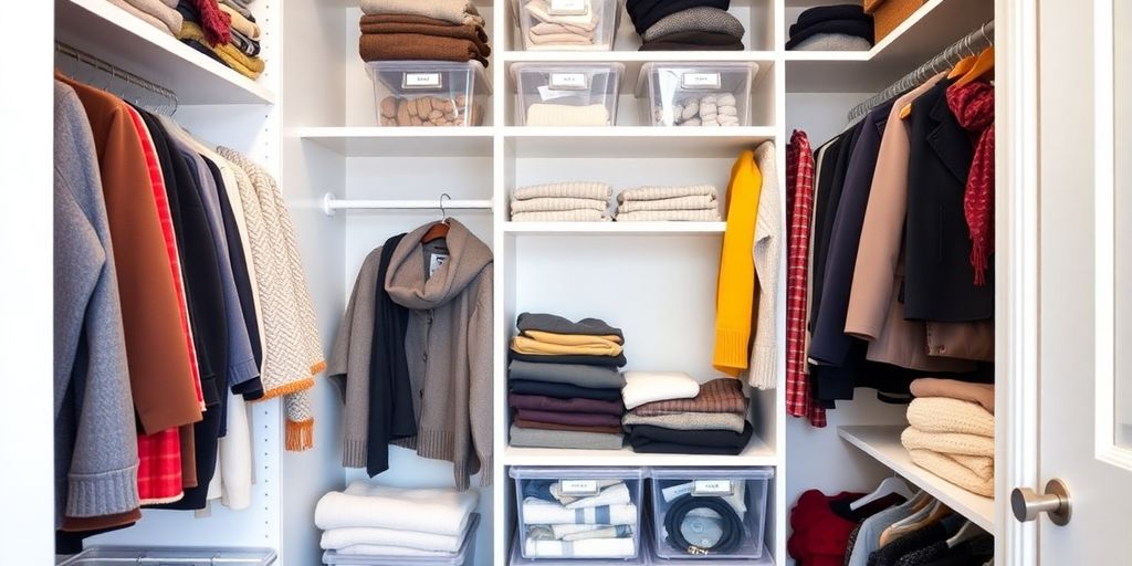 Organized closet with seasonal accessories in clear bins.