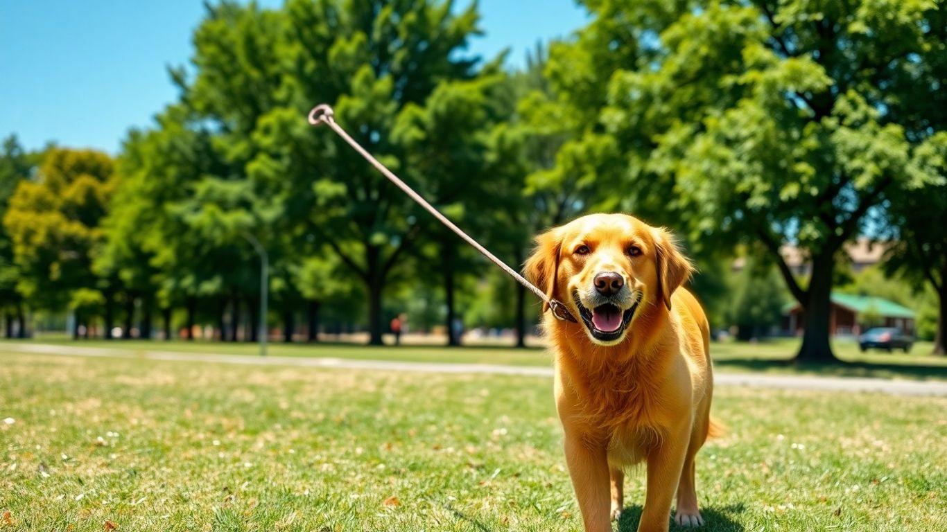 Person walking a happy dog in a park.