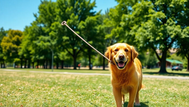 Person walking a happy dog in a park.