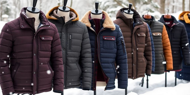 Men's heated jackets displayed in a winter setting.