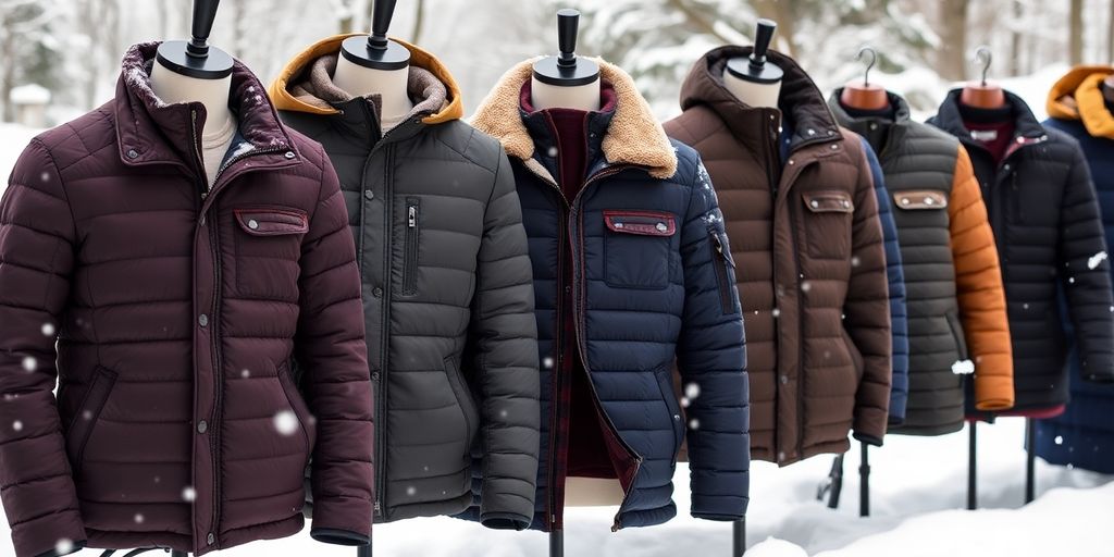 Men's heated jackets displayed in a winter setting.