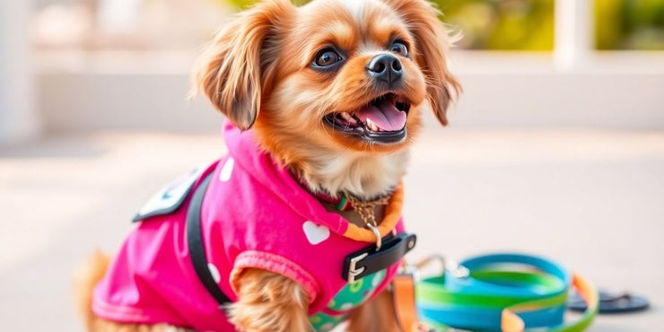 Dog in stylish clothes with colorful accessories outdoors.