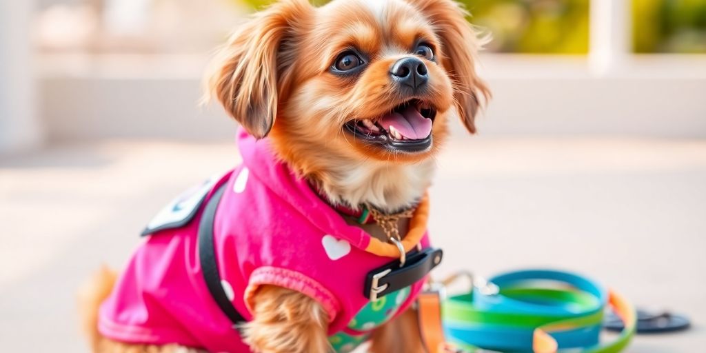 Dog in stylish clothes with colorful accessories outdoors.