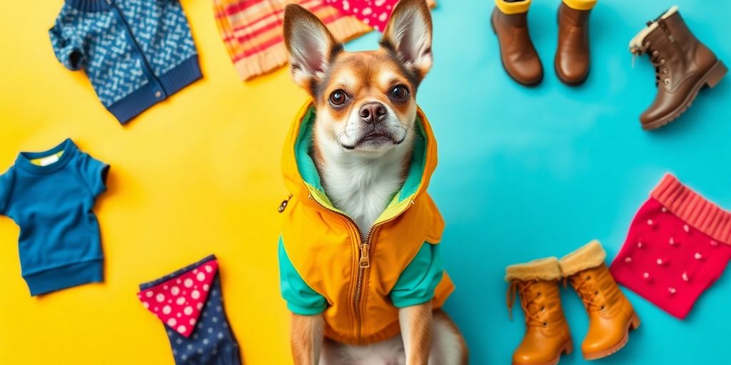 Trendy dog clothing items including jackets and accessories.