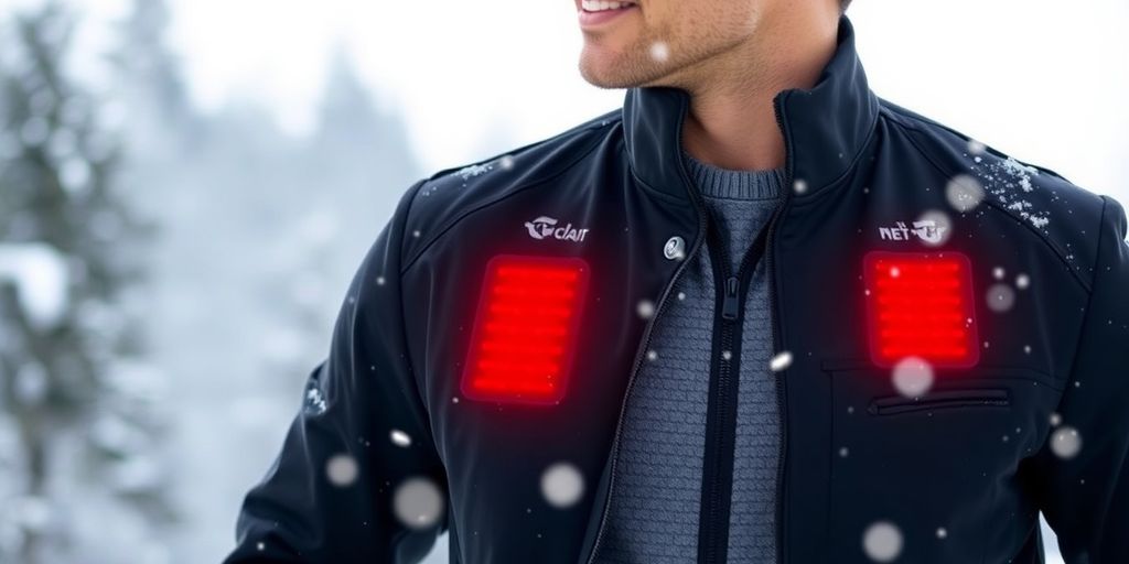 Man in heated jacket standing in a snowy landscape.