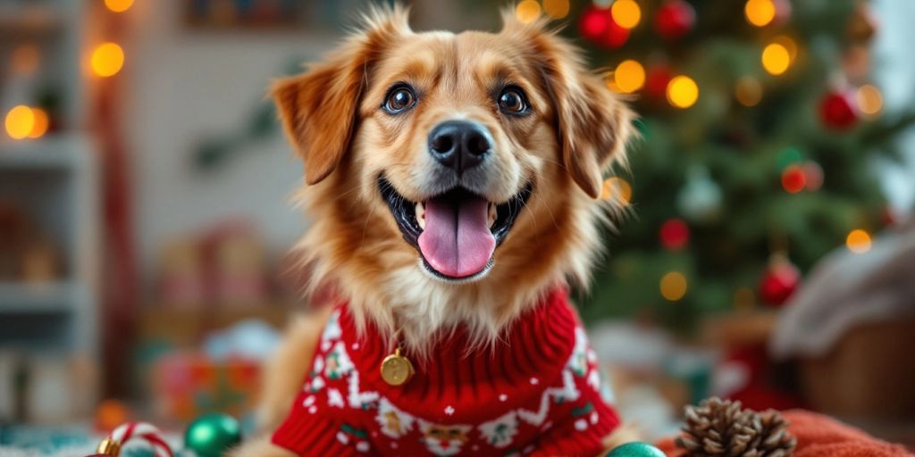 Festive dog in Christmas sweater with holiday decorations.