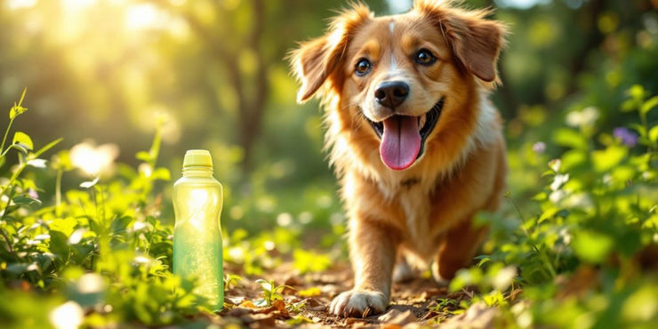 Dog walking water bottle with a happy dog outdoors.