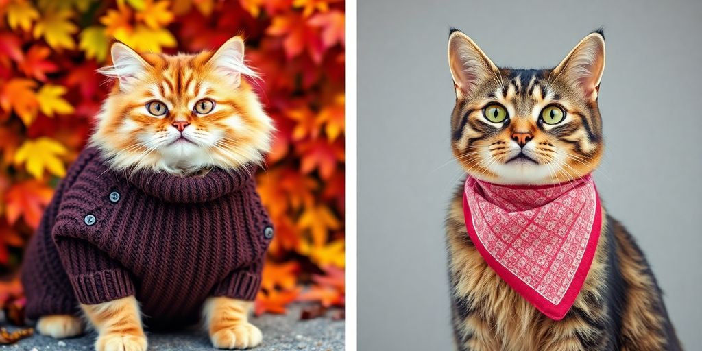Cats wearing cute sweaters and bandanas in stylish outfits.