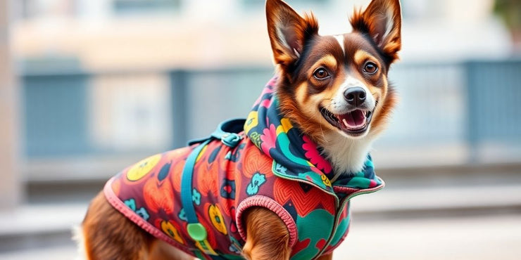 Stylish dog in trendy clothing standing outdoors.