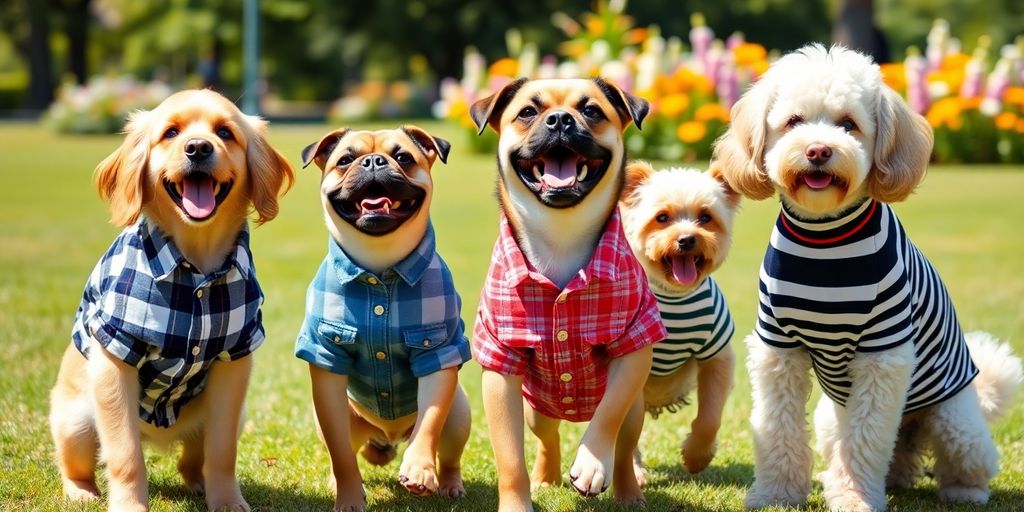 Fashionable dogs wear various stylish shirts.