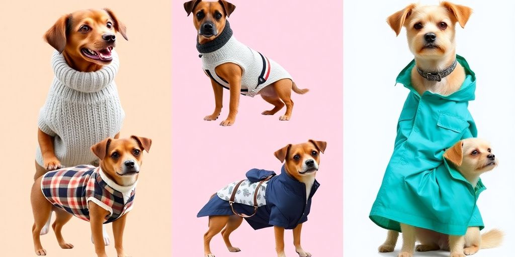 Collage of stylish dog clothing for all seasons.