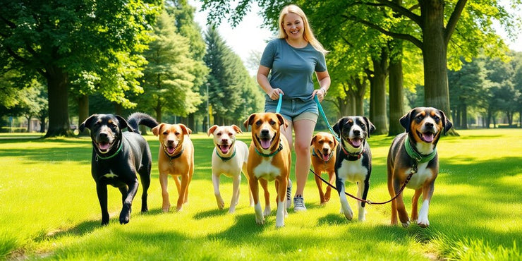 Dog walker with happy dogs