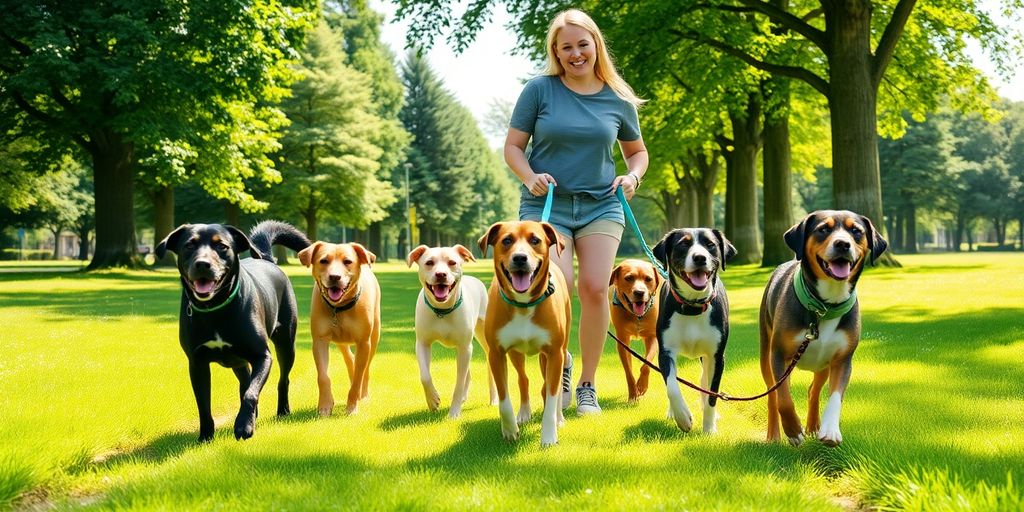 Dog walker with happy dogs