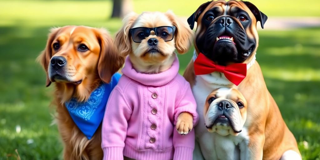 Fashionable dogs, various breeds, colorful outfits, outdoor setting.