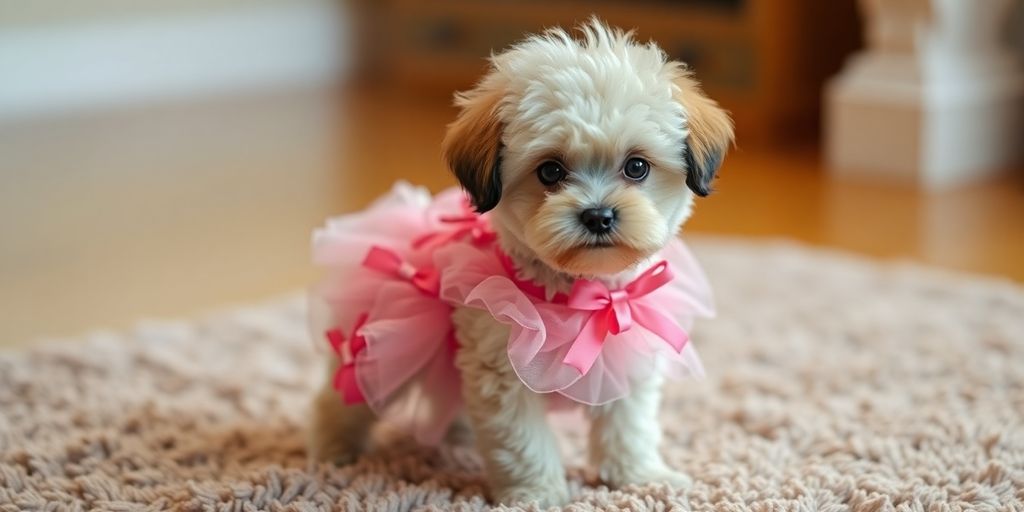 Fluffy puppy wearing a charming, colorful dress.