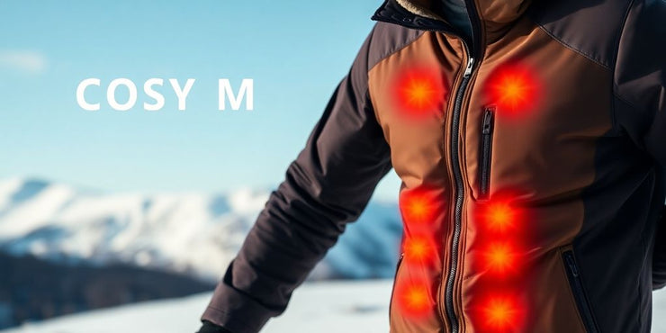 Heated men's jacket in winter setting, outdoor activities.