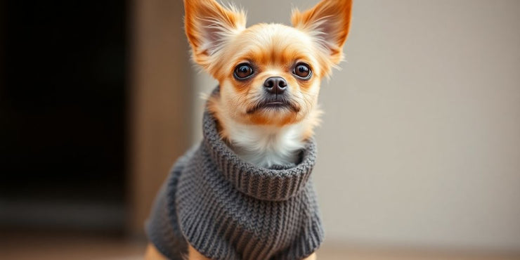 Small dog in stylish, functional clothing, standing.